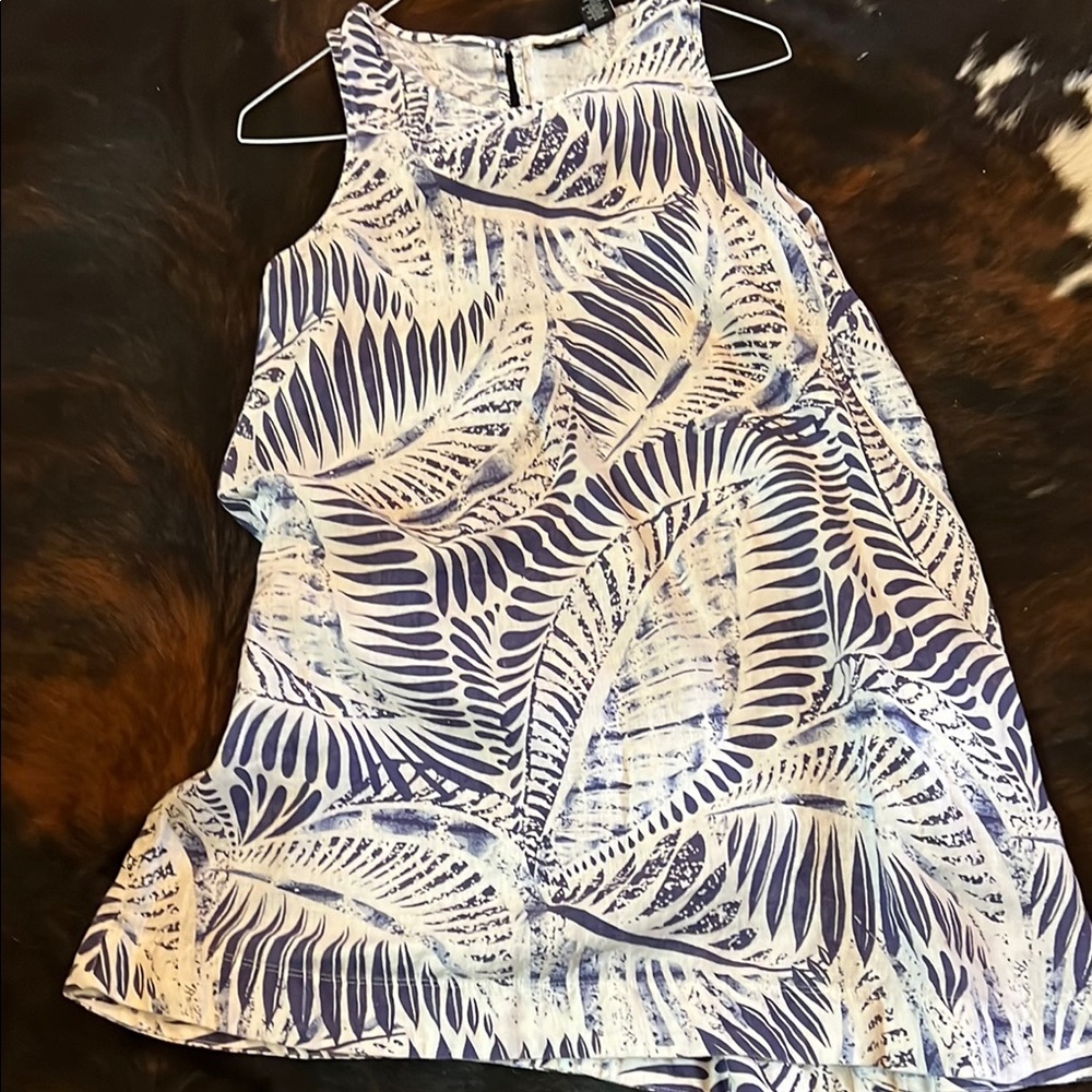 Blue and White Leaf Print Sleeveless Dress